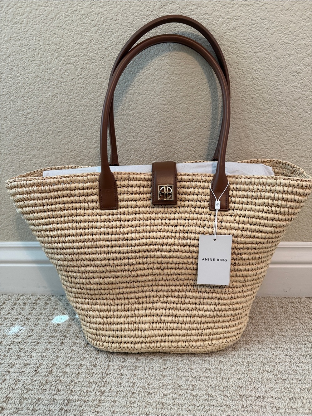 Anine Bing Natural Straw Tote with Brown Leather Handles